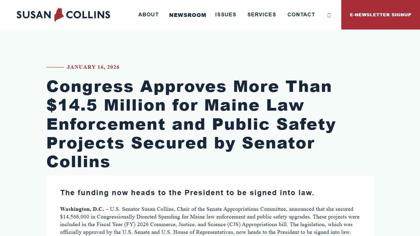 Congress Approves More Than $14.5 Millio... U.S. Senator Susan Collins